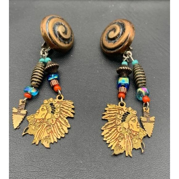Vintage Handmade American Indian Native American Themed Dangle Clip On Earrings - Picture 1 of 4